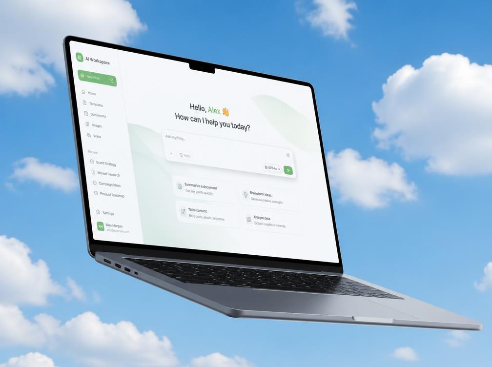 nextstep AI workspace on a laptop floating in a blue sky